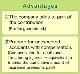 Advantages[1] The company adds to part of the contribution.(Profits guaranteed.)
[2] Prepare for unexpected accidents with compensation.(Compensation for death and life-altering injuries ? equivalent to 5 times the cumulative amount of insurance premiums paid)